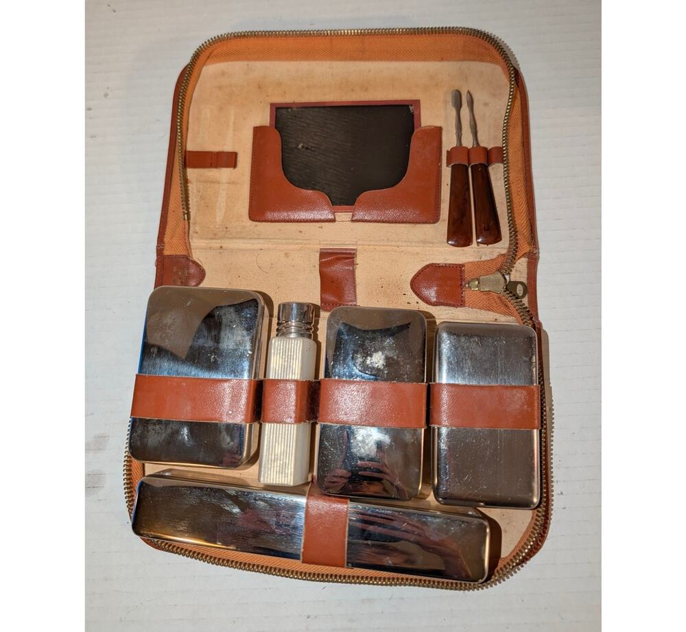 Vtg German Leather Toiletry Kit Art Deco Grooming Set Fuller After Shave